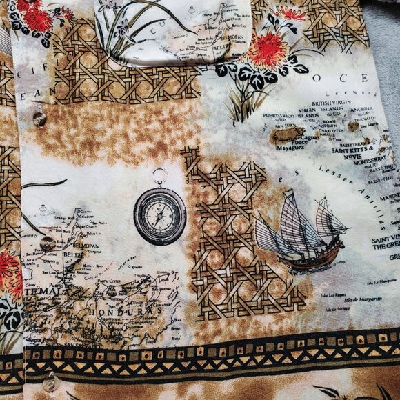 Protest Button Up Short Sleeve Shirt Oriental Map Theme Red Brown Tan Wm Sz M - Picture 4 of 9